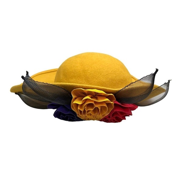 Floral Mustard Wool Felt Hat Women's Wide Brim Ribbon Flower Detailing Size 21in - Picture 2 of 7